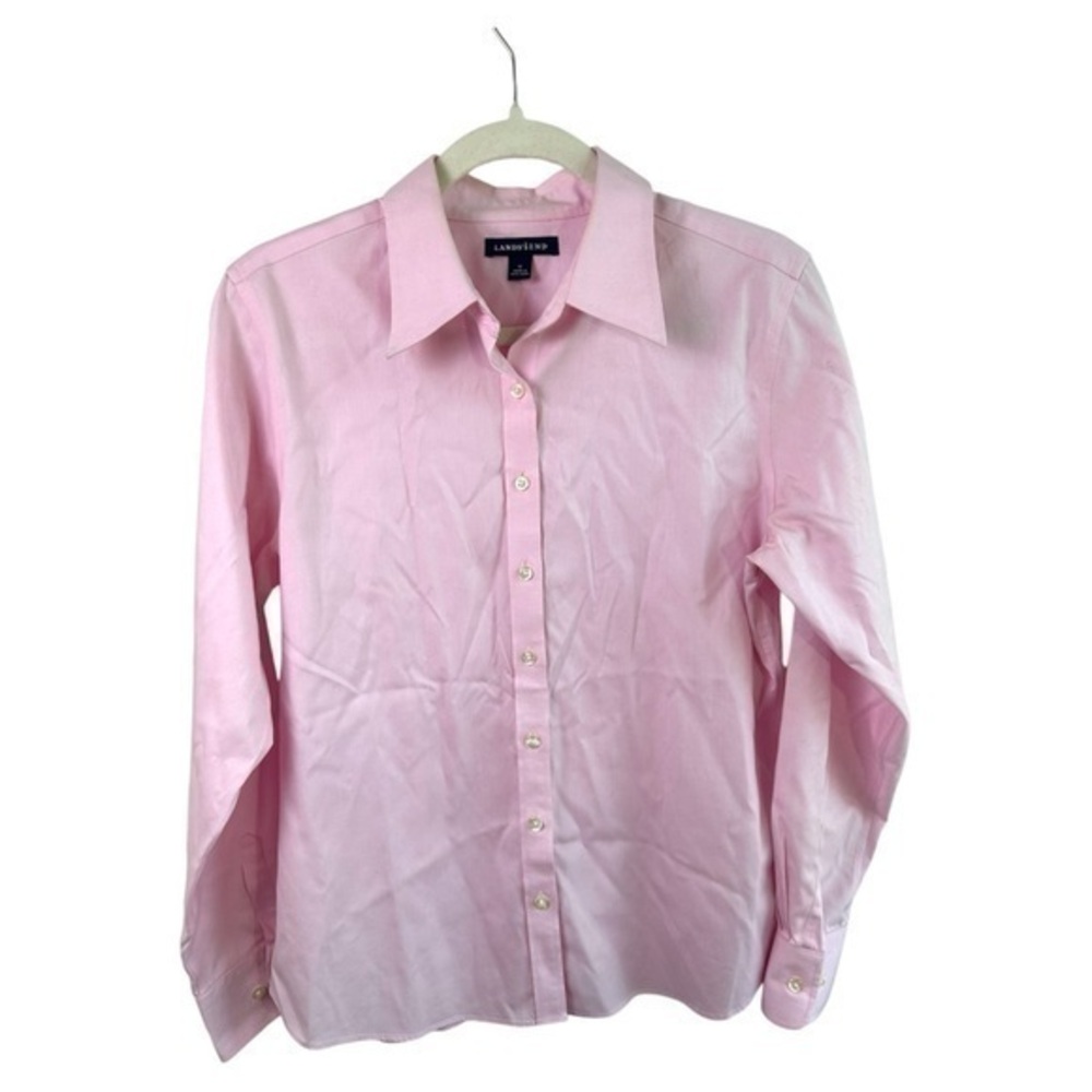 Lands End Shirt Womens 10 Button Up Pink Poplin Office Long Sleeve Preppy Fall